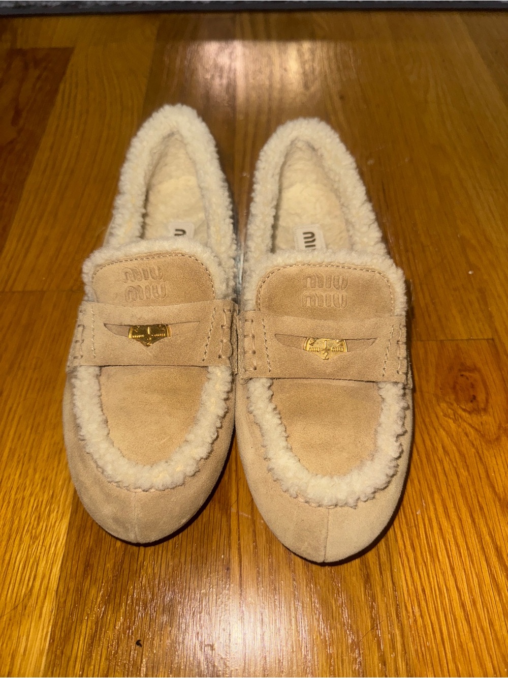 100% Authentic Miu Miu Suede Shearling Penny Loafers - Picture 2 of 8